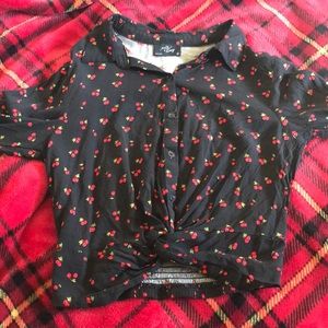 Cropped long sleeve button down cherry top